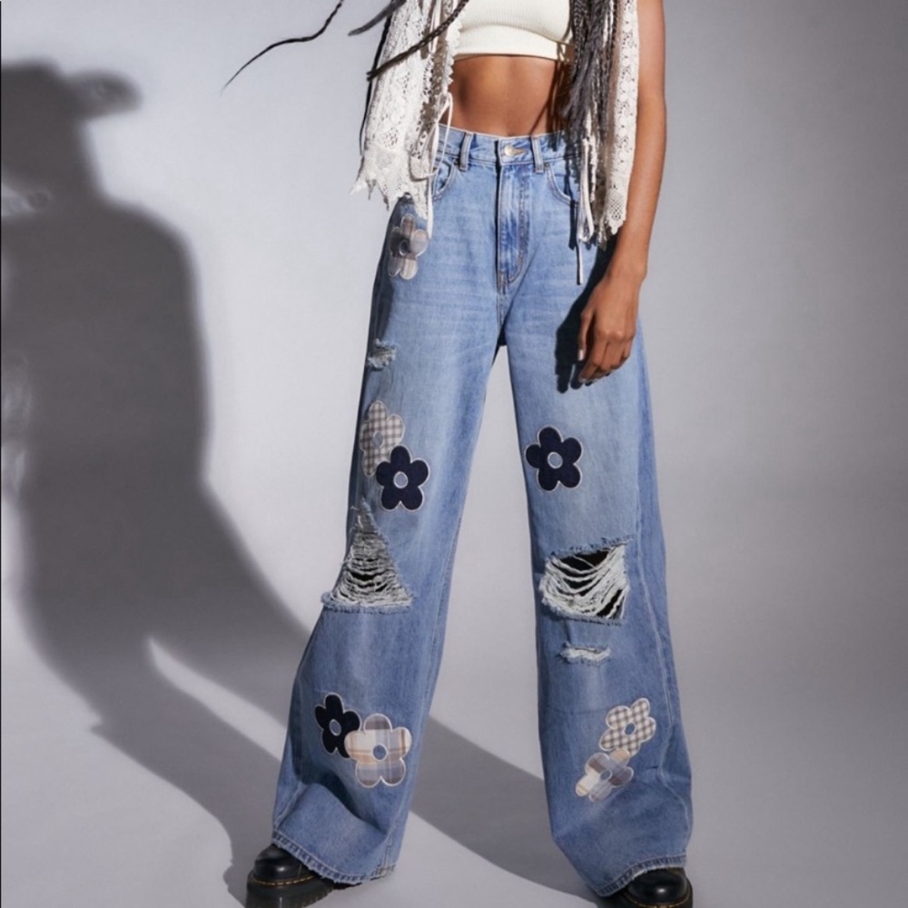 BDG Blue Floral Patchwork Wide-Leg Jeans